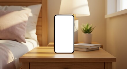 White screen phone on a wooden nightstand next to a bed and a lamp in a cozy bedroom scene