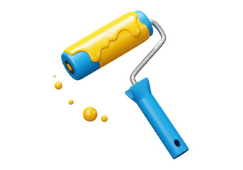 Isolated 3D Render of a Blue Paint Roller with Yellow Paint Splashes, Signifying Renovation