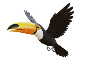Naklejka premium Isolated Vibrant Tropical Toucan Bird in Flight with its Iconic Colorful Beak