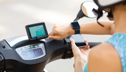 A woman on a moped interacts with a GPS navigator, smartphone, and smartwatch before her ride.