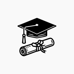 Graduation Cap and Diploma Scroll Icon Illustration.