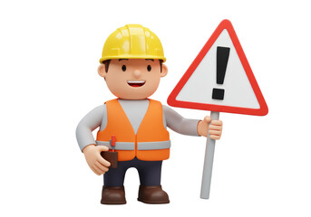 Isolated 3D Construction Worker Holding a Caution Exclamation Mark Sign