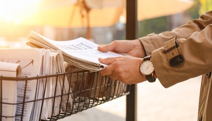 A person in a beige coat and watch takes a newspaper from a wire basket at an outdoor newsstand.