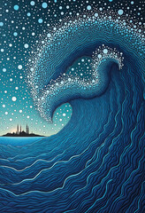 A powerful, magical sea wave made of stardust crashes towards a distant city in this fantastical, Japanese-inspired illustration reminiscent of "The Great Wave."
