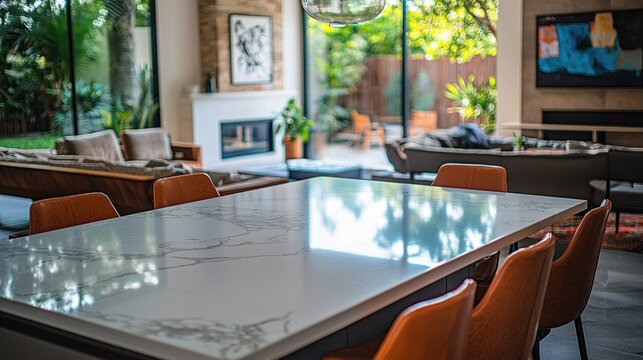 Modern open-plan kitchen with marble island