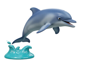 Isolated Graceful Cartoon Dolphin Leaping out of Blue Water Splash