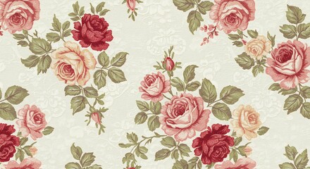Elegant pink and red roses softly bloom across a delicate cream background a vintage floral pattern. AI Generated