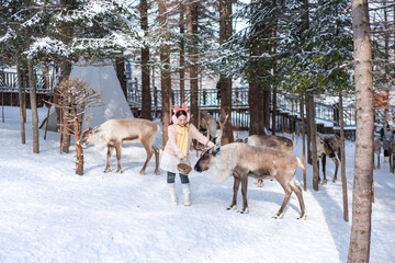 Young happy woman tourist enjoying feeding reindeer at China Snow town in winter © Kittiphan