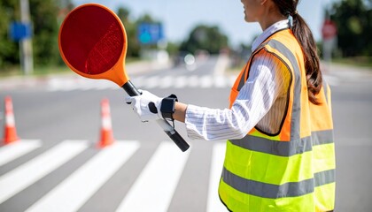 A female traffic controller in a high-visibility vest holds a red stop paddle on a street.