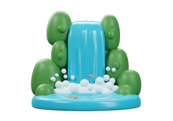 Isolated Whimsical Cartoon Waterfall Scene with Green Hills and Goldfish