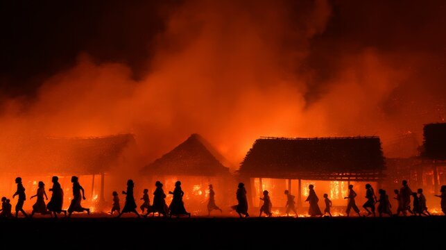 Silhouetted villagers fleeing burning huts in dramatic fiery night scene.