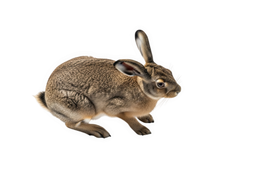 A small brown rabbit with long ears and soft fur, sitting alertly isolated on transparent background