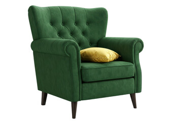 Isolated Elegant Green Velvet Armchair with Yellow Decorative Pillow, Home Furniture