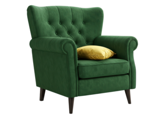 Isolated Elegant Green Velvet Armchair with Yellow Decorative Pillow, Home Furniture