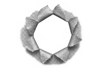 Ragged paper edges framing circular opening, revealing checkered pattern through transparent backdrop