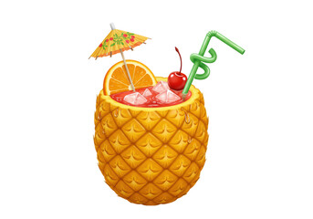 Isolated Tropical Pineapple Cocktail with Cherry, Orange Slice, and Decorative Umbrella