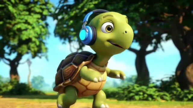 Happy cartoon turtle wearing headphones