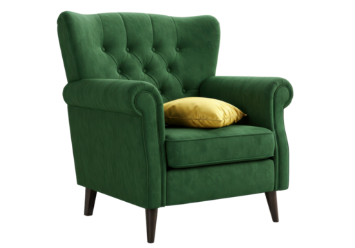 Isolated Elegant Green Velvet Armchair with Yellow Decorative Pillow, Home Furniture