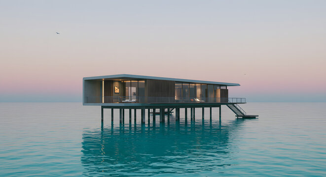 Modern water villa architecture design ocean view home exterior overwater bungalow luxury resort sunset sky - Powered by Adobe