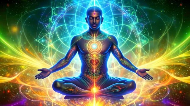 A dark-skinned person with closed eyes sits in a lotus position, surrounded by vibrant, swirling, multicolored light patterns against a dark, starry background.