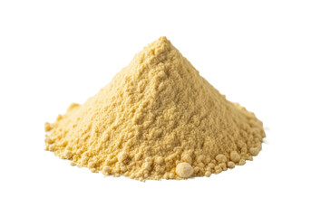 Conical pile of pale golden yellow chickpea flour with fine powdery texture, isolated on a seamless transparent background with soft studio light, macro close-up of ingredient purity concept