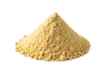 Conical pile of pale golden yellow chickpea flour with fine powdery texture, isolated on a seamless transparent background with soft studio light, macro close-up of ingredient purity concept