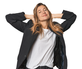 Young businesswoman in a suit stretching arms, relaxed position.