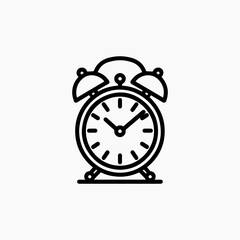 Simple Black and White Alarm Clock Icon with Bells and Hands.