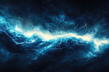 Abstract cosmic art depicting a swirling nebula with electric blue lightning, creating a dramatic and ethereal scene.