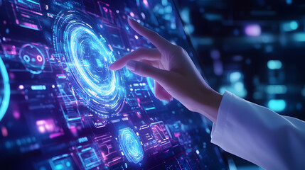 Hand interacting with futuristic holographic interface with glowing blue and purple elements