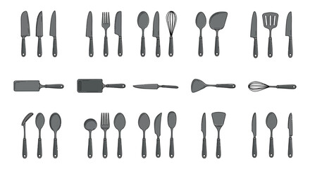 Collection of kitchen utensils and cutlery arranged in rows on a white background
