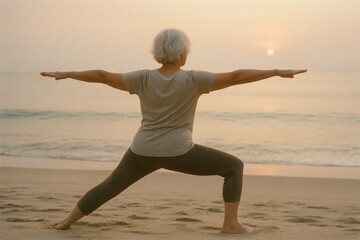 Fototapeta premium elderly woman doing yoga at sunrise