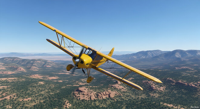 Vibrant Yellow Crop Duster Biplane Soaring Over Rugged Mountainous Landscape