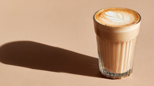Glass of latte with leaf latte art casting long shadow on beige background.