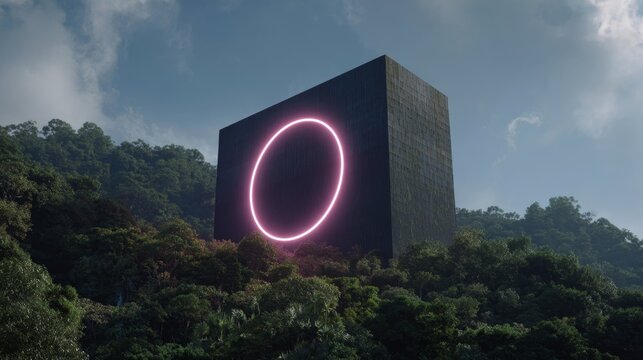 Futuristic black cube building with glowing neon circle in lush green forest. - Powered by Adobe