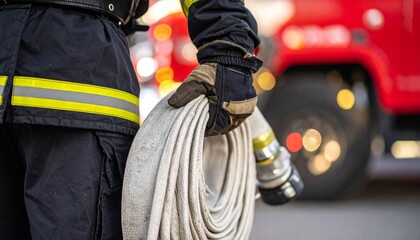Brave firefighter in protective gear holding coiled hose ready for action with blurred fire truck...