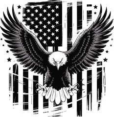 A black and white monochromatic artistic illustration of an American bald eagle with spread wings centered against a distressed American flag background