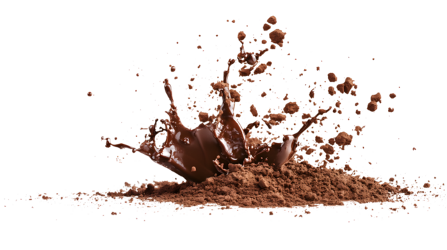 A splash of chocolate on a white background. The chocolate is in a splash form, and it looks like it's falling from the sky. The scene is playful and fun