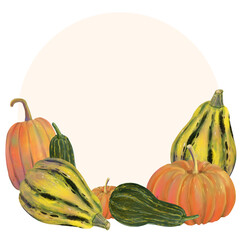 Autumn season hand drawn bright pumpkins wreath or frame with copy space. Fall clipart in watercolor style. Good for seasonal designs, harvest themes, Halloween, Thanksgiving.
