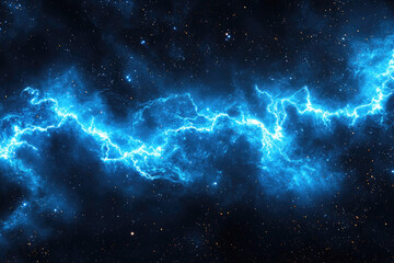 A vibrant blue cosmic nebula with electric energy streams across a starlit background.