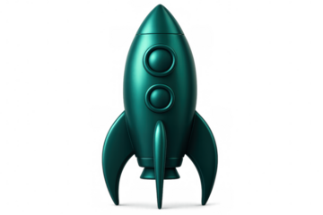 Green metallic rocket ship launching into space, with transparent background for easy compositing