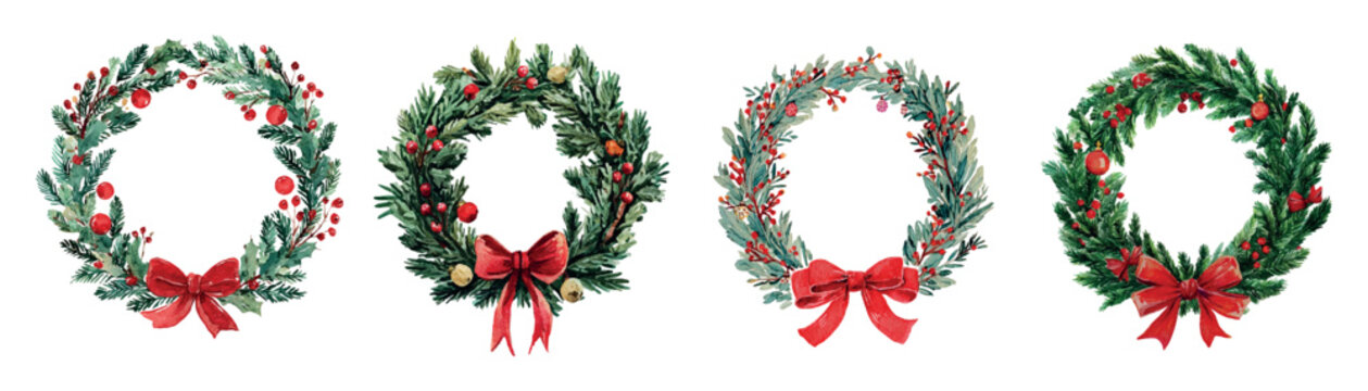Watercolor set of Christmas wreaths. Round wreaths made of green fir tree decorated with red bow, Christmas balls and holly berries. Christmas decor. Happy Christmas and New Year.