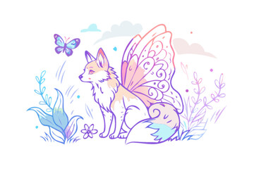 Pastel fairy fox with butterfly wings vector art illustration for print design and digital graphics use