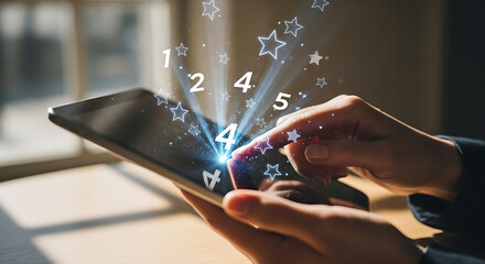 Person Interacting with Tablet Displaying Numbers and Stars.