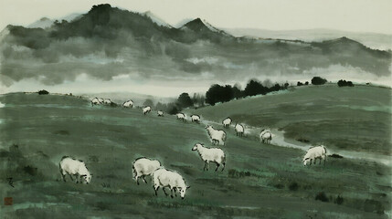 Serene misty mountain landscape with grazing sheep on rolling green hills