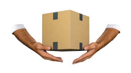 Hands delivering a brown box with transparent background