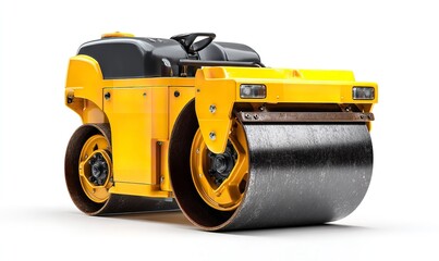 A yellow road roller with black wheels, isolated on a white background, Generative AI.