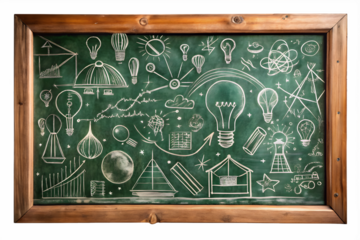 Green chalkboard filled with various drawings and diagrams representing ideas, creativity, and learning, isolated on white isolated on transparent background