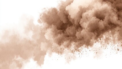 Abstract design of light brown powder explosion on white background.