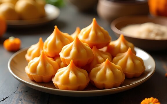 Freshly made modaks on a plate for Ganesha offering during Ganesh Chaturthi celebrations in India. High quality